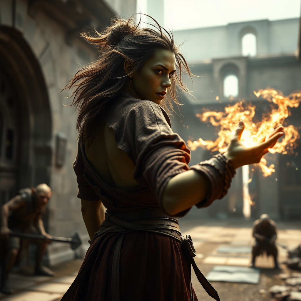 A full body shot from behind of a pretty twenty-something female orc wizard with a face resembling (ana de armas). green skin. casting a powerful magic spell at a goblin warrior. messy shoulder length hair tussled by wind. inside a courtyard. Hyper-realistic, Photorealistic digital matte painting, soft focus, film grain, lens flare. gritty, dirty, scuffed.