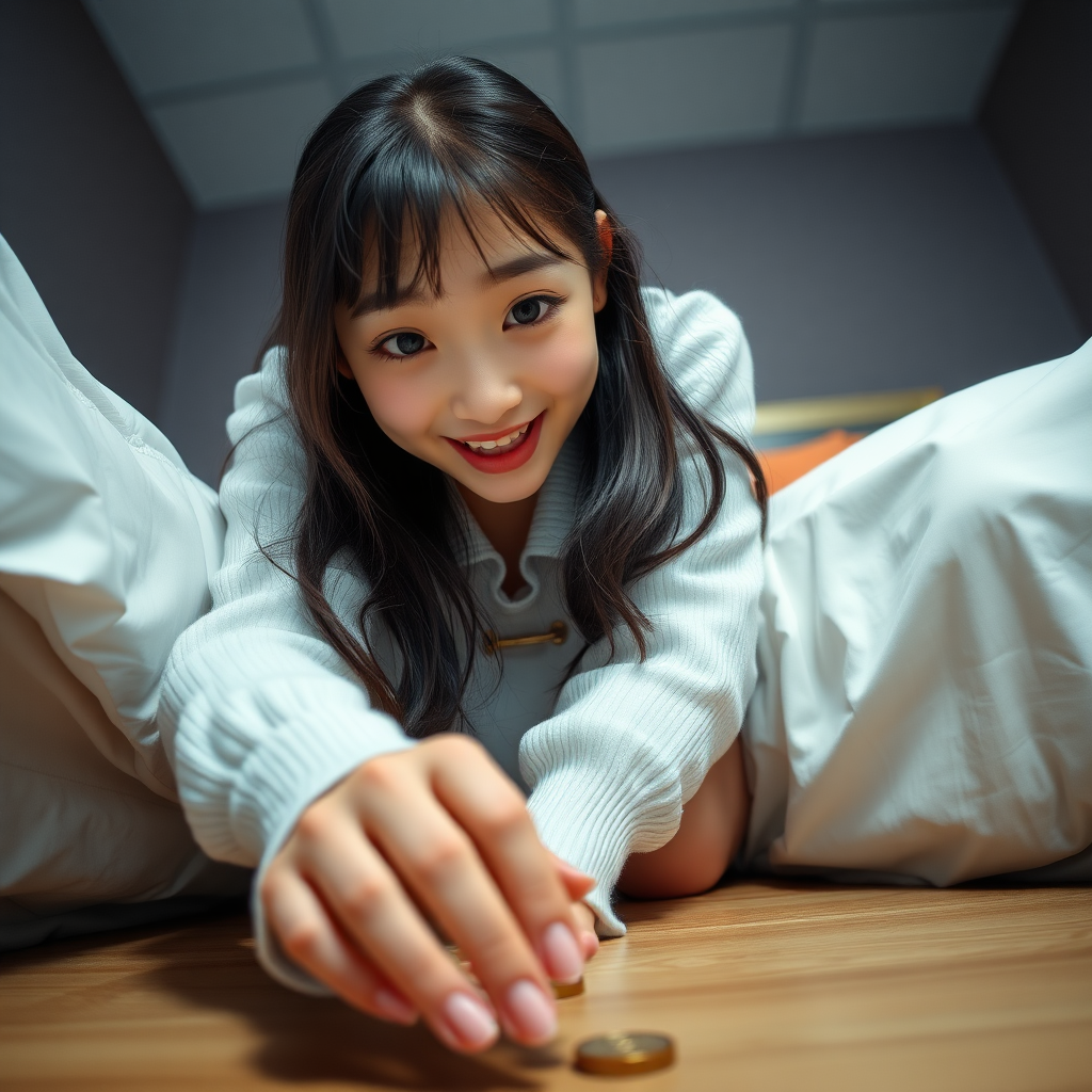 Photo low angle full body shot beautiful xiaomeimei looking down. She is kneeling on the bed reaching for a coin. Her expression is delighted surprise.