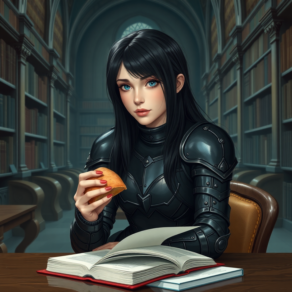 beautiful young woman, dark hair past her shoulders, blue eyes, small, slim figure, wearing full leather armor suit, sitting at a table reading a book with a sandwich, in a grand old library.