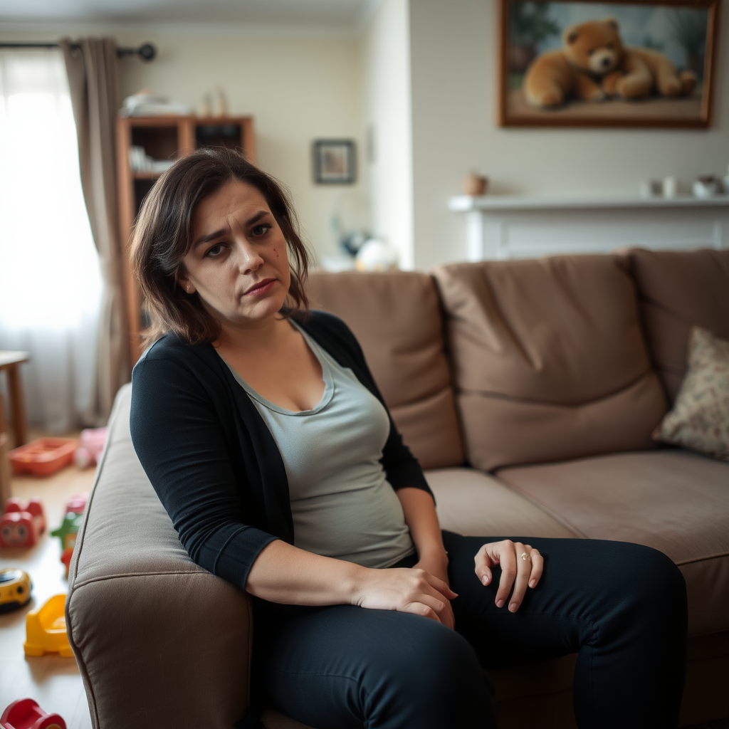 A photograph of a woman in her thirties sitting on a sofa, in an untidy living room. There are children's toys on the floor. She is looking sad. She has a bruise on her cheek and eye.