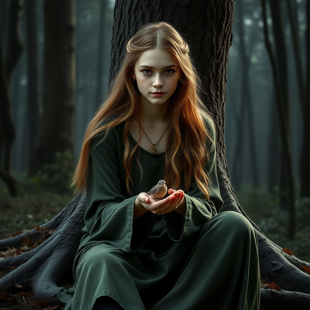 In a fantasy world. A young human druid about 18 years old sitting at the foot of a tree, her light brown hair cascading down her back. The young woman resembles Luna Lovegood, the character from Harry Potter. She is holding a small bird in the palm of her hand. The background is a rather dark forest, photorealistic, high definition, erotic.