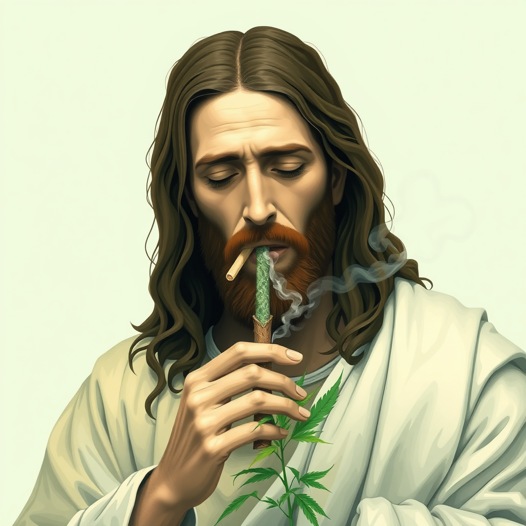 Jesus Christ smoking a weed joint.