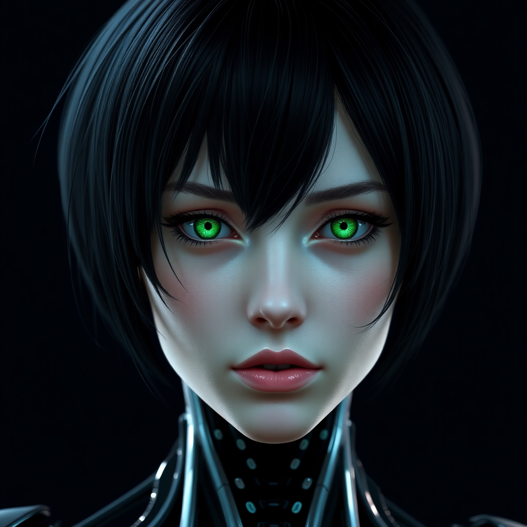 A photograph of a female cyborg with short black hair and green eyes.