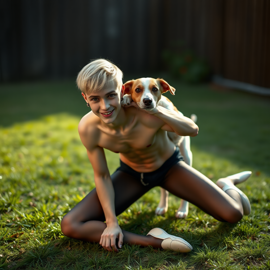 photorealistic, ultra high resolution, 16K, surreal fantasy, studio lighting, a pretty 16 year old goth male, slim male physique, short blonde hair, goth makeup, earrings, pantyhose, white ballet shoes, playing with his dog in the yard - he is kneeling forward, while the dog stands up behind him and rests its paws on the boy's shoulders, excited smile, facing the camera.