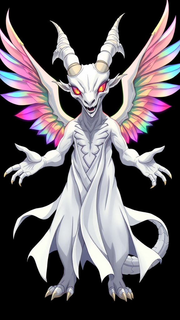 (Anime-styled art), image set against a black background features a tall, white wrathful angry reptilian humanoid resembling a goat, adorned with two elegant white horns. Its mesmerizing rainbow eyes shine with intensity, while it wears flowing white robes. A vibrant, chaotic aura radiates around its entire form, and it stands with outstretched hands, showcasing three magnificent rainbow-hued angelic wings that embody a sense of chaos and beauty, looking at viewer