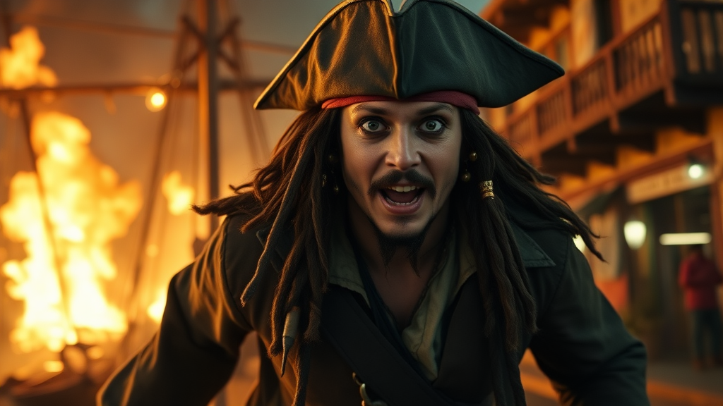 Jack Sparrow running from a galleon in flames, during the night with nobody around, through the streets of a colonial port town. He has the typical Jack Sparrow expression: wide-open eyes but a mouth closed, as if he’s about to scream but at the same time trying to maintain an air of nonchalance. It’s an expression that says: “I’m in big trouble, but I have a plan… maybe.” Shot from a wide angle.