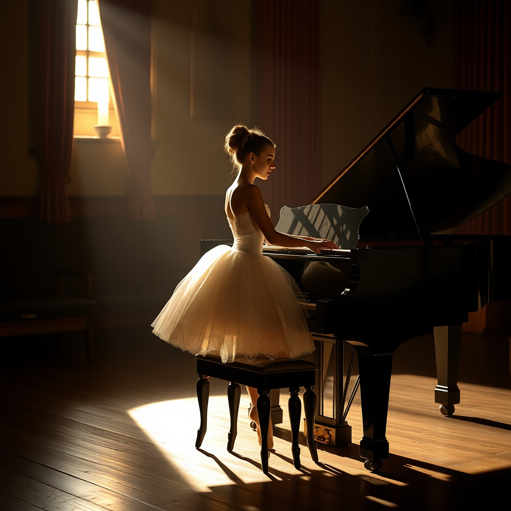 In the dim-lit auditorium of a historic ballet company theater, the air is thick with a sense of nostalgia, the kind that whispers stories of artistry and talent. A ballerina, poised elegantly on a weathered wooden stool, plays a grand piano with a mastery that transforms each note into a haunting melody. Clad in a delicate, ivory vintage tutu adorned with intricate lace and shimmering sequins that catch the soft light, her hands glide over the polished ebony keys, creating a symphony that echoes through the room.

The stage is bathed in a magical, ethereal glow, casting warm, golden highlights that accentuate the ornate details of her costume and the glossy sheen of the piano’s surface. Shadows dance gracefully along the walls, mingling with the muted colors of the velvet curtains that frame the stage. The scent of aged wood mingles with a faint hint of blooming jasmine wafting in from an open window, enhancing the dreamlike quality of the moment.

As she plays, a hushed silence envelops the audience, each note evoking memories and emotions that hang in the air like an invisible tapestry. The ballerina’s expression is serene yet deeply introspective, revealing a connection to the music that transcends the physical realm. Her fingers move with a fluid grace, reminiscent of the graceful pirouettes she performs when dancing, as if her entire being is infused with the rhythm of the piece.

In this intimate setting, the atmosphere pulses with a bittersweet beauty, where the past and present intertwine, inviting all who are present to lose themselves in the enchanting world of dance and melody that unfolds before them.