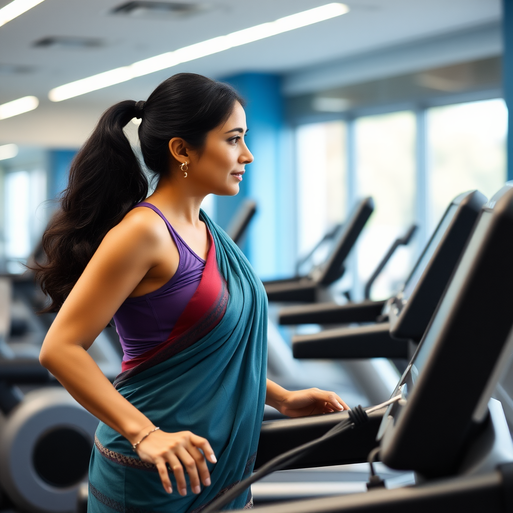 Indian wife, working out on Treadmill in gym