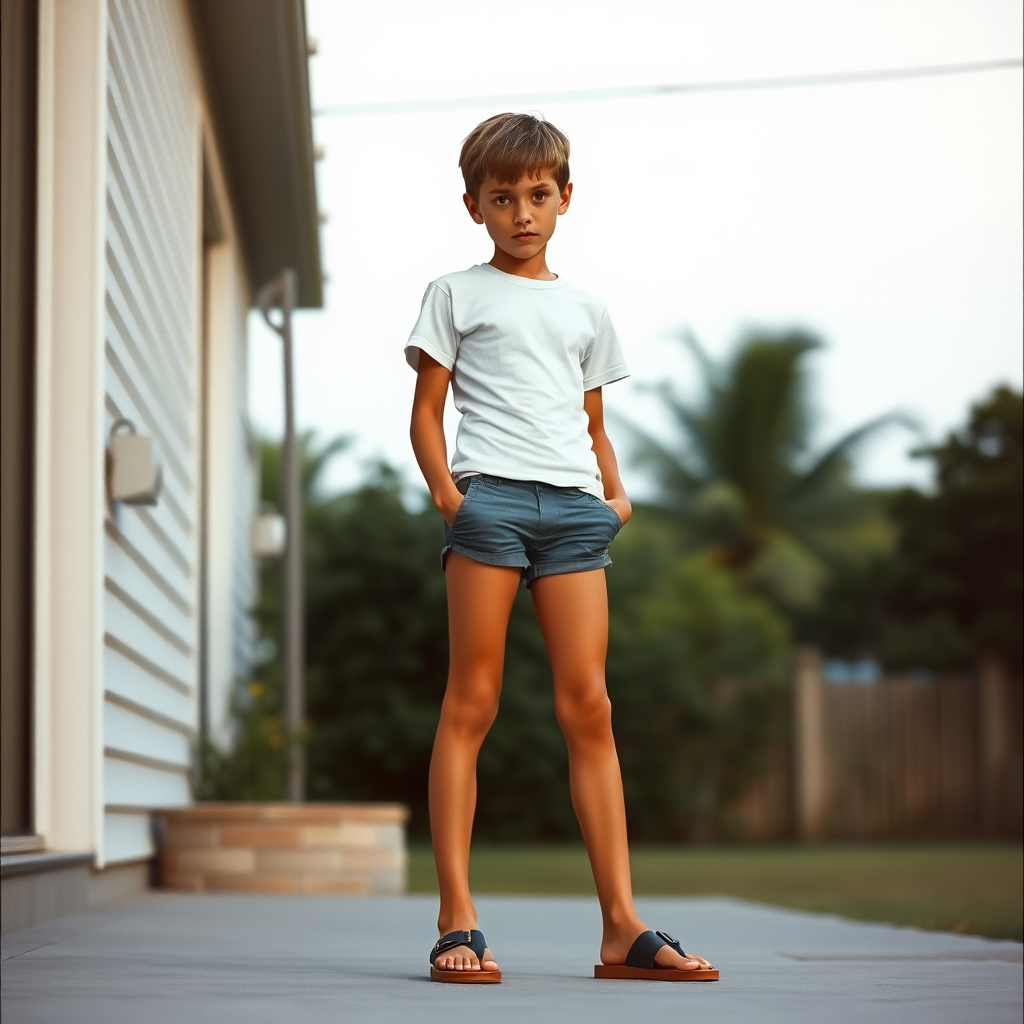 photorealistic, ultra high resolution, 16K. A skinny 14yo teen boy wearing t-shirt, tight booty shorts, sandals. Long legs, bare thighs, narrow hips. 1980s. Negative: grainy, blurry, bad anatomy, extra limbs, watermark.