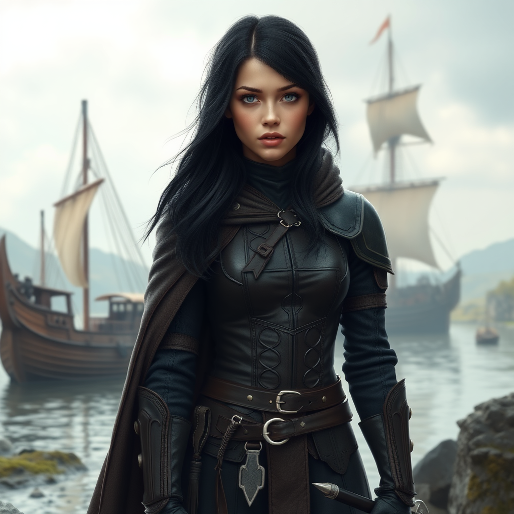 beautiful young woman, dark hair, past her shoulders, blue eyes, small, slim figure, wearing full leather armor suit, long cloak, with a large, wooden ship in a large river below.