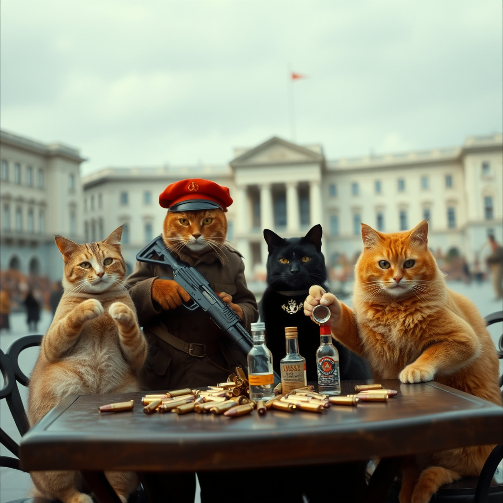 4 cat men in a large square, a dark-skinned one holding an AK-47, an orange one with a Russian military cap, a dark brown and a light brown one, USSR communists with vodka, around a table with bullet casings on it (film photography style)