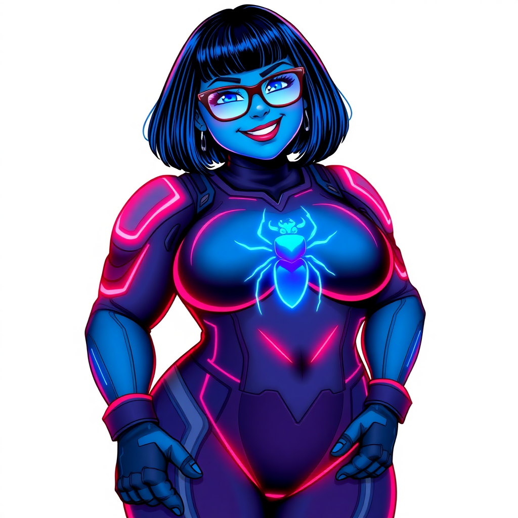 A 28-year-old, full figured, computer science major, now transformed into a full figured, nerdy, heavily pampered digital sidekick for her cyberpunk vigilante boyfriend, with maximum blue skin. Her bob cut seamlessly blends with her skin, appearing to merge together as computer data, and her neon blue eyes glow intensely. Her full figure is defined by a prominently, round, gargantuan midsection, sequoia-sized limbs, and broad shoulders, showing the extent of her boyfriend's doting pampering. As a loyal and supportive sidekick, she plays a crucial role in their missions, using her digital skills to assist and protect.

She wears a digital maximum blue bodysuit which blends with her hair and skin (appearing to merge together like computer data). The bodysuit has a neon blue chest icon of a beetle, along with matching high-tech gloves. She bashfully giggles with a neon red blush, emitting neon blue data cubes from her body, set against a solid white background. Heavily pampered by her doting boyfriend, her full figure (especially her prominent, round, gargantuan midsection) clearly shows this care. She has the ability to hack into computers and machines, and her nerdiness is blatantly obvious with her black oversized eyeglasses. Her full figure (especially her prominent, round, gargantuan midsection) is fully displayed and heavily emphasized. Her outfit is influenced by DC’s Jennifer Knight Phantom Lady but remains distinct. She is drawn as if she was in a retro 2D cyberpunk fighting game. Ensure her skin color is distinct from Inside Out's Sadness and any other character. Ensure she doesn't resemble The Power of Surge's Debra or any other character. Ensure her midsection is round. Her proportions are bloated to emphasize her non-athletic, full figure. She is obviously non-athletic, with heavy emphasis on her full figure and prominent, round, gargantuan midsection.