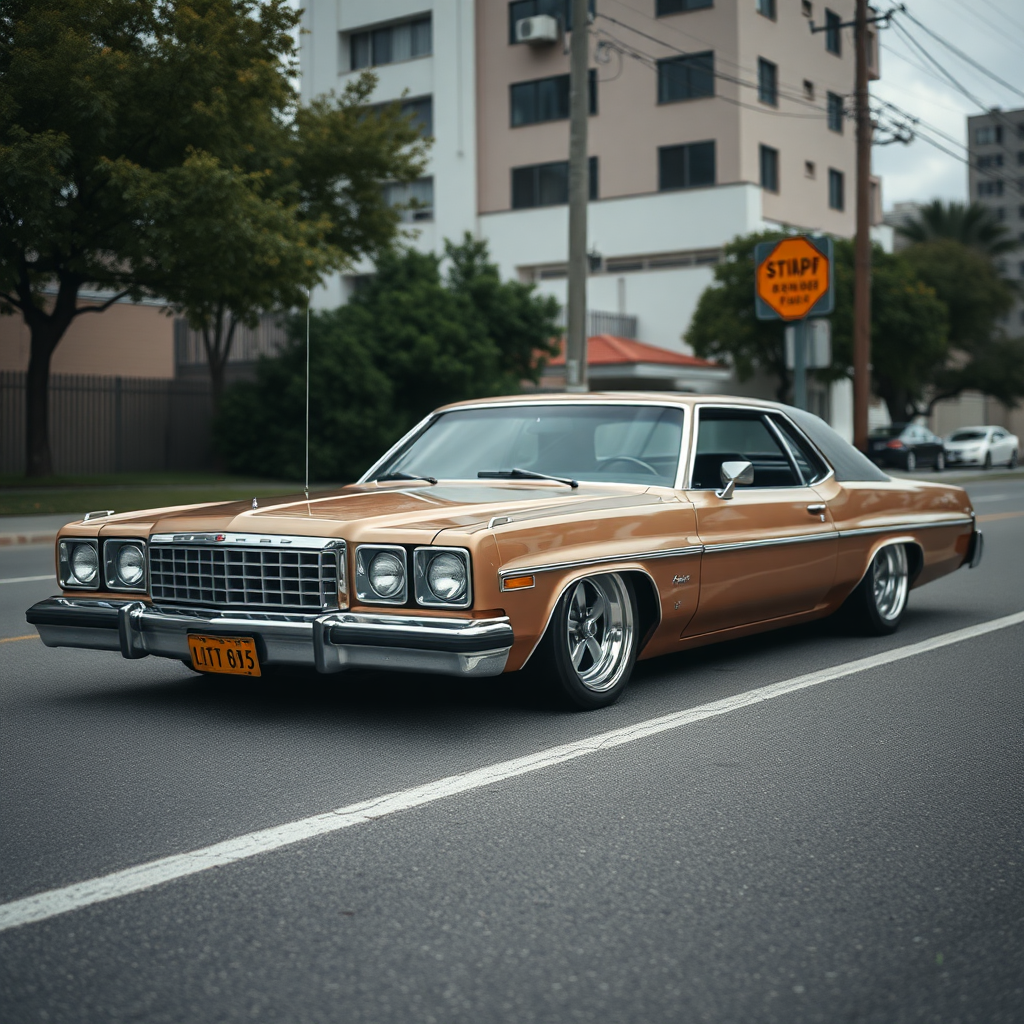 the car is parked on the side of the road, inspired by Taiyō Matsumoto, tumblr, restomod, nd4, c4 metallic shine classic american low rider ford