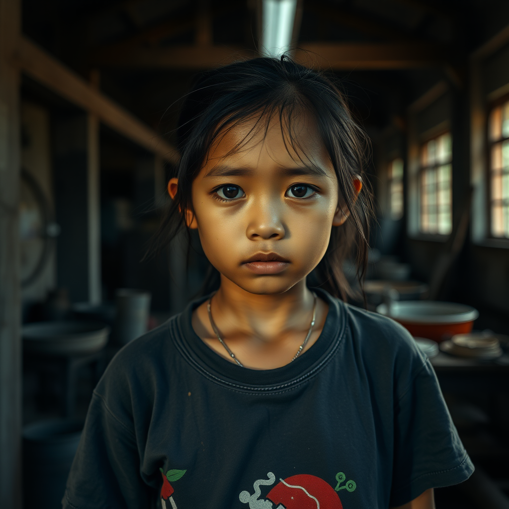 A very sad and hungry Thai girl with a very old T-Shirt in a very dark old and mystery Factory