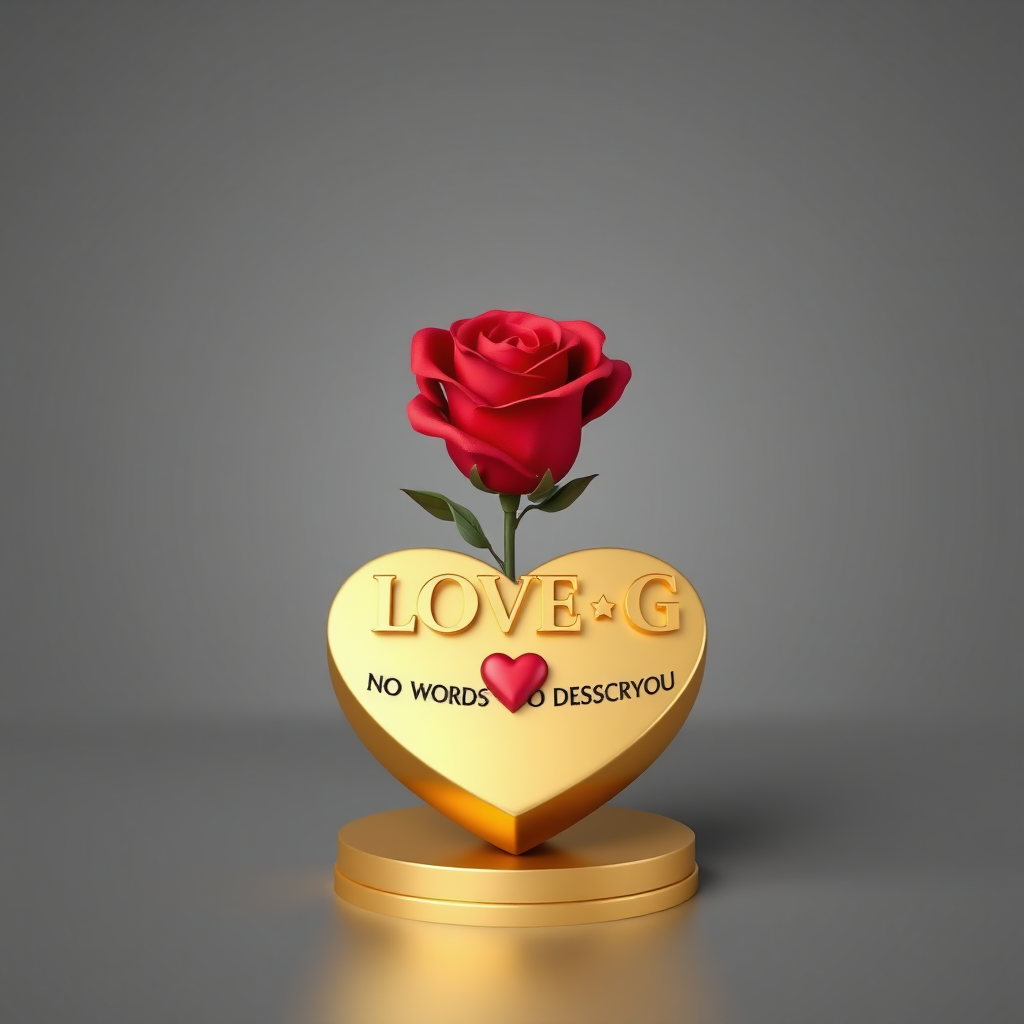 A 3D rendered anime-style medium shot of a red rose delicately resting atop a heart-shaped golden pedestal. The elegant name "LOVE ❤️ G. NO WORDS TO DESCRIBE YOU " is displayed on the pedestal in bold, black gold letters. A small contrasting red heart is placed along the pedestal. The smooth gray gradient background highlights the golden and red colors. The design exudes sophistication and luxury.