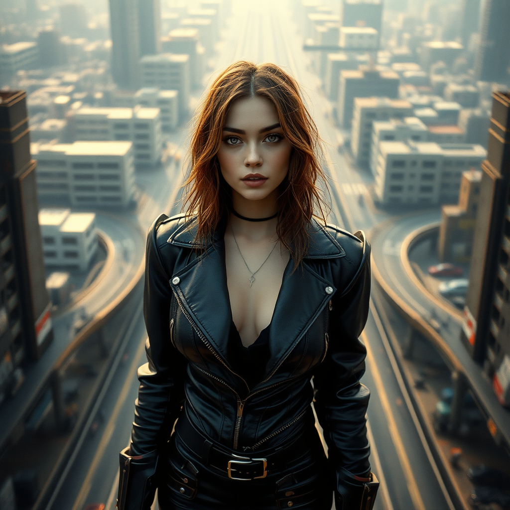 A full body shot of a pretty twenty-something female with a face resembling (Ana de Armas). Elegant cyberpunk clothing, a maze of interconnecting roads and buildings. Hyper-realistic, photorealistic digital matte painting, soft focus, film grain, lens flare. Gritty, dirty, scuffed.