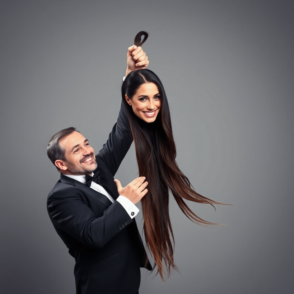 A surreal image of a smiling male magician standing to the side while holding up the disembodied head of a very long haired Meghan Markle by her hair to display it to the camera. He is grabbing her very long hair and pulling it up high in the air, while her head is hanging by her hair from his grasp. Plain gray background.