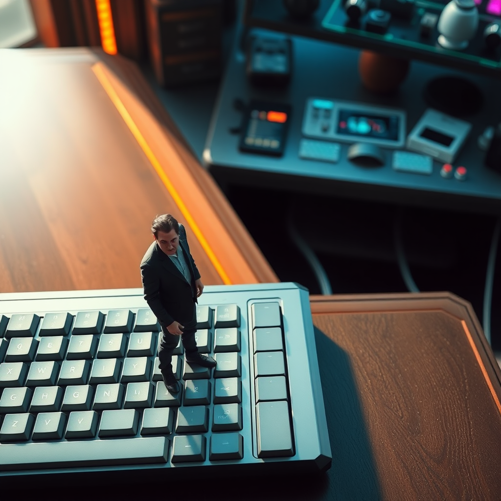 Sci-fi digital art. High view angle. Tiny man standing on table near a futuristic keyboard that looks huge compared to him. Looking up at the viewer with arrogance.