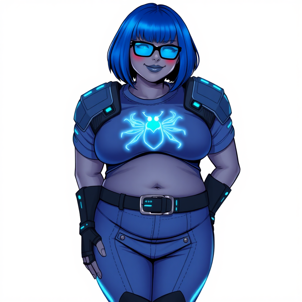 A 28-year-old, full-figured, middle gray skinned computer program hybrid with a maximum blue bob cut. She has a non-athletic build, highlighted by a prominent, round, large midsection (with emphasis on her belly), which shows the aftermath of her pampering. As the heavily pampered digital sidekick to her cyberpunk vigilante boyfriend, her middle gray metallic skin and maximum blue lipstick emphasize her digital nature. She wears a digital, computerized costume consisting of a huge, tight-fitting, maximum blue t-shirt with a neon blue glowing chest icon of a beetle, hi-tech shoulder pads with neon blue accents, a black hi-tech belt with a digital neon blue glowing buckle, digital maximum blue biker pants with neon blue accents, and black hi-tech fingerless biker gloves with neon blue glowing accents. Her neon blue glowing eyes, black eyeglasses with a neon blue glowing HUD built in its lenses, and shy smile with neon red blush accentuate her nerdiness. She stands bashfully with her hands behind her back, her costume covering all her skin and emphasizing her full-figured physique (especially her belly). She is clearly non-athletic, with a focus on her full-figured physique. Despite her build, she radiates beauty. She has a slim face compared to her physique, accentuating her radiant beauty. She is on a solid white background. She is drawn as if she was in a retro 2D cyberpunk fighting game.