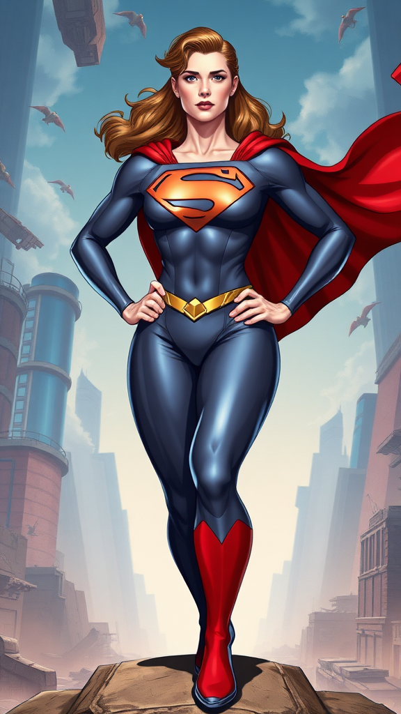 Create a full-length image of Superman using the female musculature of Elastigirl. Retain the original head, hairstyle, and facial features while modifying the costume to fit the new proportions, adding some embellishments for a unique touch. Design the background using elements inspired by both characters, reflecting their iconic themes and settings. Focus on vibrant colors and dynamic poses that highlight strength and agility, showcasing this reinterpretation of Superman in an action-packed scene.