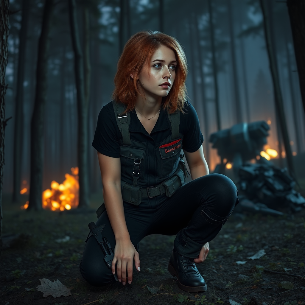 A twenty something female like Ana de Armas, athletic, thin, medium length wild strawberry blond hair, in a black jumpsuit, wearing a military uniform, name tag sewn on her left chest pocket that says "Benaenae". Science fiction equipment strapped to her. She is crouching in a forest at night, looking toward explosions in the background. Trees all around. Ruined battlemech nearby.