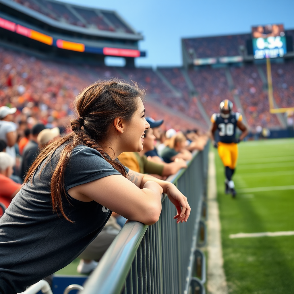 Attractive female NFL fan, pigtail hair, leaning forward over front row stadium barriers, next to field, fangirling over an NFL player