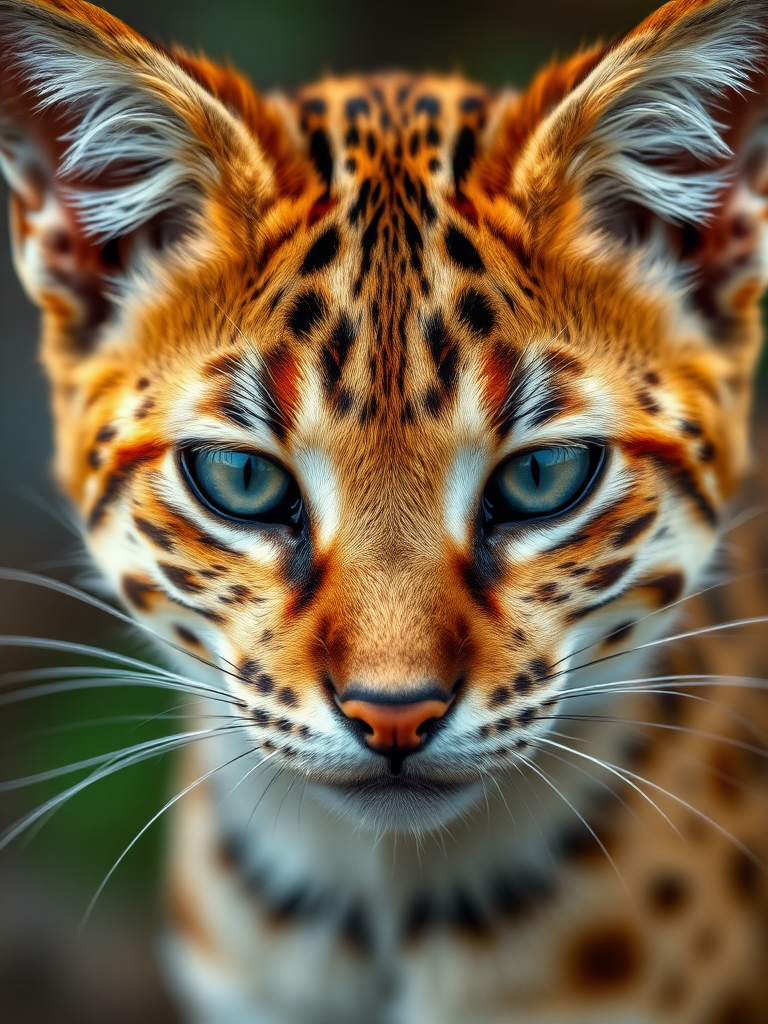 Create a hyper-realistic 4K close-up image of a Rusty-Spotted Cat. The image should focus on the distinctive rust-colored spots on its fur. Ensure the texture of the fur is detailed, capturing the unique pattern of the spots and the overall appearance of this small, wild cat.