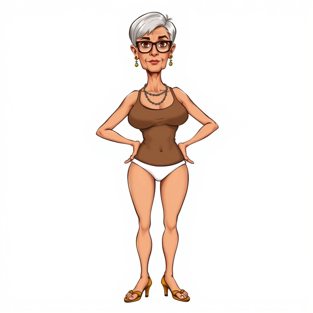 a towering 55 Years old, fit, slim, European, Latina, sharp aquiline nose, wrinkles, high cheekbones, Middle Eastern, Skinny, Tanned skin, Dark light skin, Rounded Medium breasts, Skinny thighs, full Makeup, jewelry, Serious face, Sharp nose, Ash hair, short bowl haircut, Brown eye color, Glasses, with detailed features. Hands on hips, she is wearing a transparent brown tight tank top and tight white thong, detailed fabric. full body, high heels sandals, she is gesturing at the viewer, 
long establishing shot, 2D, caricature, cartoon, Sketch lines, coloring book, nlack and white, coloring book style on white background, well composed, clean coloring book page, No dither, no gradient, strong outline, No fill, No solids, vector illustration, realistic proportions