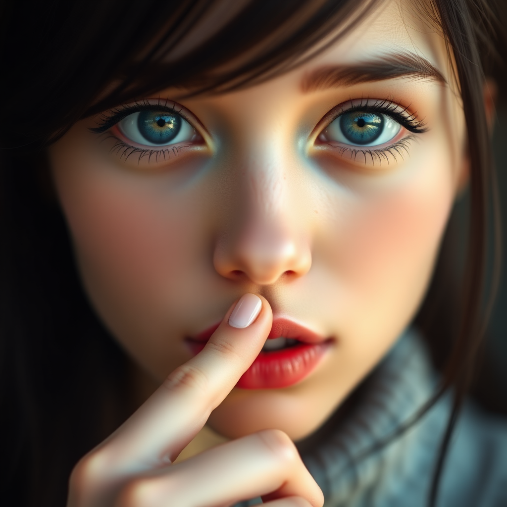 a young woman is holding her finger to her lips, 1girl, looking at viewer, blue eyes, black hair, solo focus, blurry, lips, eyelashes, blurry background, close-up, realistic