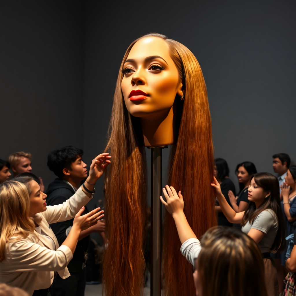 In an innovative art space, an interactive exhibit showcases a mesmerizing magic trick featuring a stunningly realistic, disembodied head of Beyoncé, adorned with luxuriously long, flowing hair that cascades down the stand like a shimmering waterfall of ebony silk. The exhibit is bathed in soft, warm lighting that highlights the intricate details of her features—high cheekbones, full lips, and vibrant, expressive eyes that seem to sparkle with life.

Visitors flock to the exhibit, their faces illuminated with curiosity and wonder, as they reach out to gently play with the silky strands, which feel soft and smooth beneath their fingers. The air buzzes with excitement as whispered conversations fill the gallery, punctuated by the occasional gasp of surprise as each visitor experiences the sensation of touching the hair—a surreal blend of fantasy and reality.

The plain gray backdrop serves to accentuate the ethereal quality of the display, drawing the eye solely to the captivating spectacle of Beyoncé's head, as if she is caught in a magical moment between worlds. The overall atmosphere is one of playful enchantment, as guests become part of the performance, interacting with the hair that seems to embody both elegance and whimsy, transforming the experience into a collective celebration of beauty and artistry.