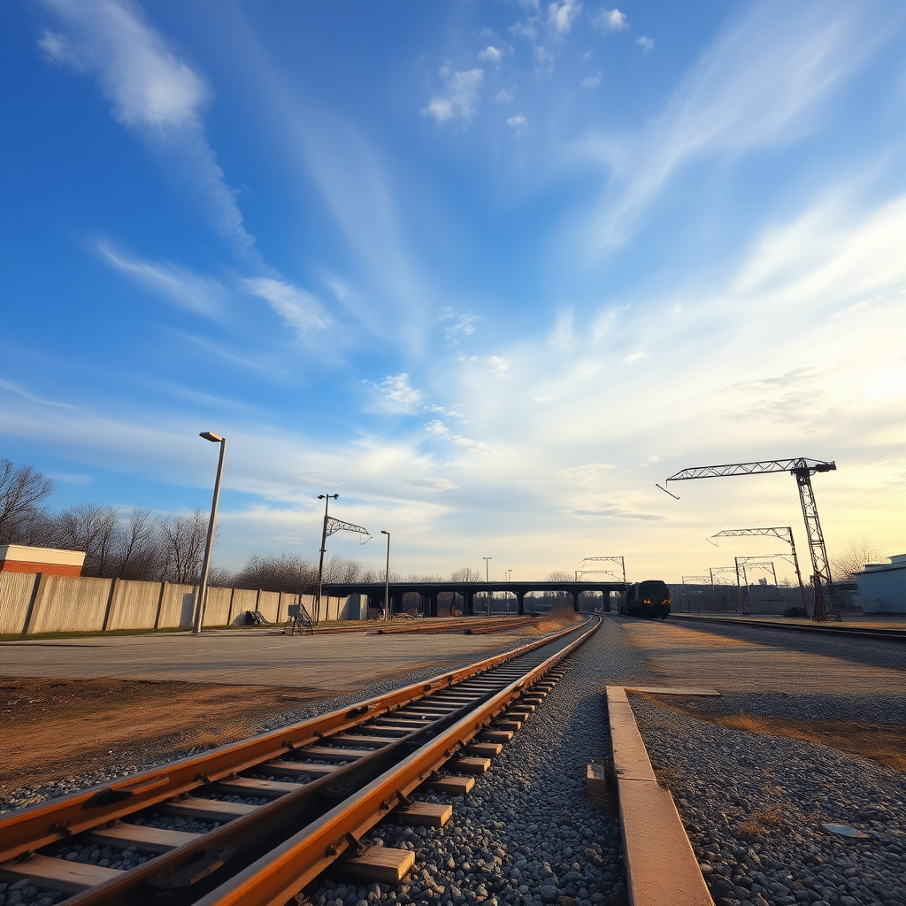 create me an image with the sky, a vacant lot, elevated train tracks on stones, side view, profile view