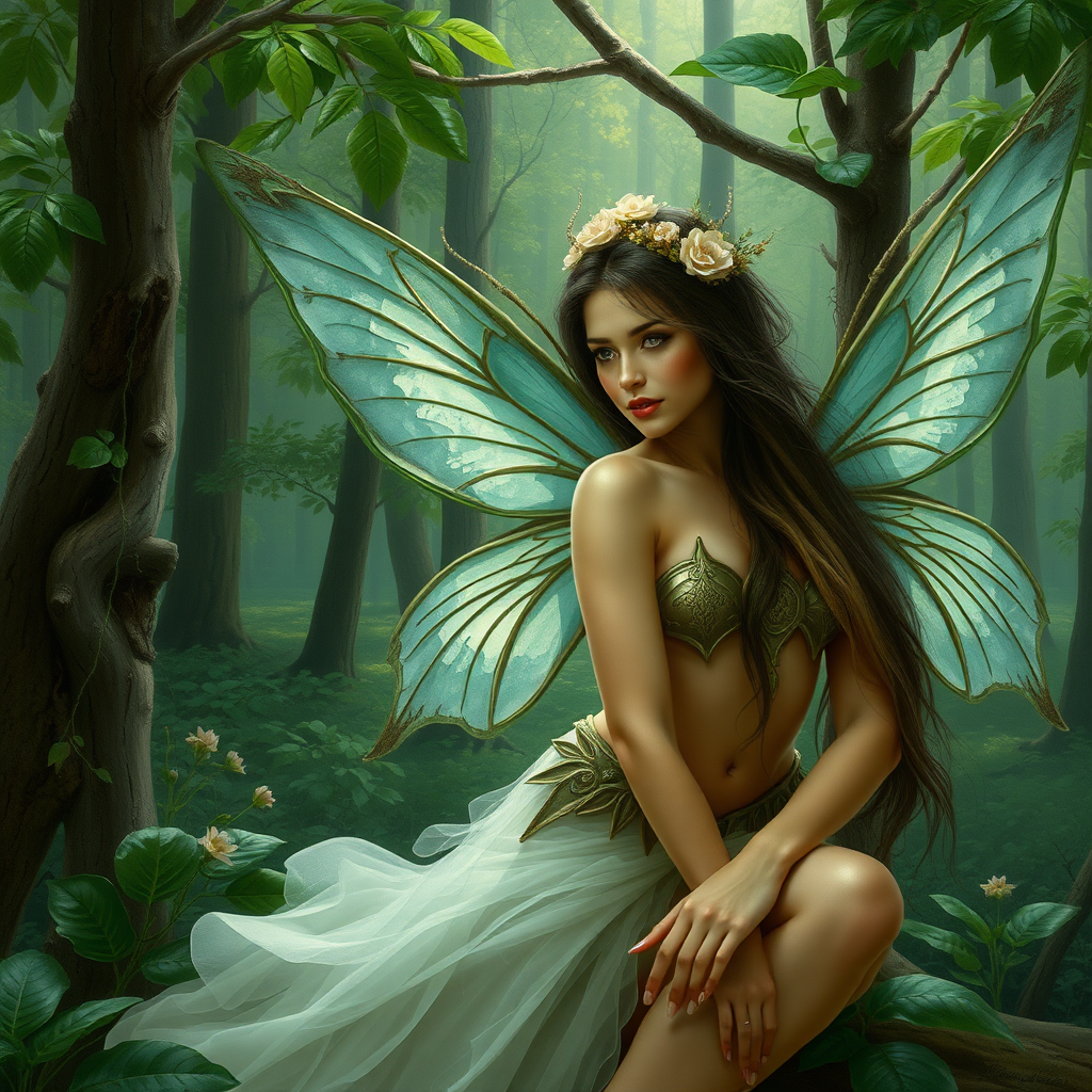 A classic forest scene with an attractive and seductive fairy. The scene is lush with the art styling of Brian Stroud - then turn it into a photo of a real life person