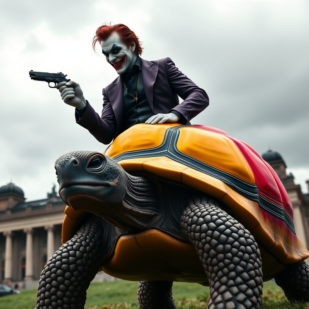 A photorealistic image of the Joker, wearing a dark purple suit with a black shirt, riding on the back of a large turtle. The turtle has a bridle in its mouth, and Joker is holding the reins in his right hand. In his left hand, he is holding a pistol. The upper part of the turtle's shell is painted in the bright colors of the German flag (black, red, and yellow). In the background, the German Bundestag building is visible, under a cloudy, moody sky.