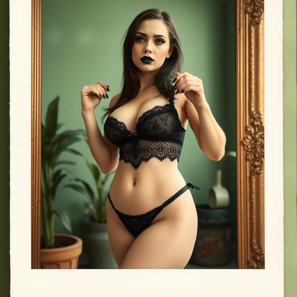 An old polaroid photo. There is a color tint to the photograph and visible light leaks. The photo depicts a sexy girl. Her skin is pale. Her booty is plump. She is gothic and wears seductive makeup with long eyelashes and black lipstick. Her mascara is running as though she has been crying. She has large breasts with ample cleavage. She is wearing a skimpy thong that leaves a gap between her pubic area and thigh. The fabric of her thong is black lace with a square shape. Her bra is translucent and mesh. Her whole body is visible as a reflection in an ornate floor length mirror. She is in a photography studio with textured green walls and plants are all around behind her. Her skin has a natural texture with visible pores and imperfections. She is pouting. Her nails are painted black. She is pulling her thong tight in an upward motion and they barely cover her. She has a thigh gap.