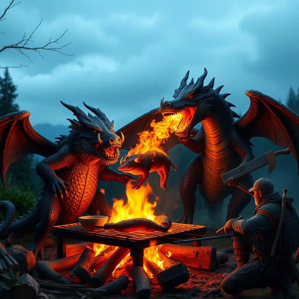 The dragon and the warrior roast the boar on the grill over a campfire, and the dragon spits fire out of its mouth to roast the wild boar.