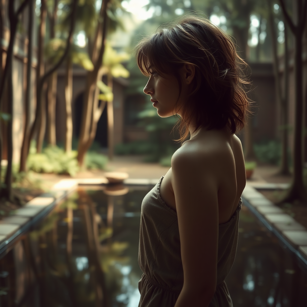 A full body shot from the side of a pretty twenty-something female with a face resembling (ana de armas) standing above a reflection of herself in a small pool of water in a dense forest. messy shoulder length hair tussled by wind. inside a courtyard. Hyper-realistic, Photorealistic digital matte painting, soft focus, film grain, lens flare. gritty, dirty, scuffed.