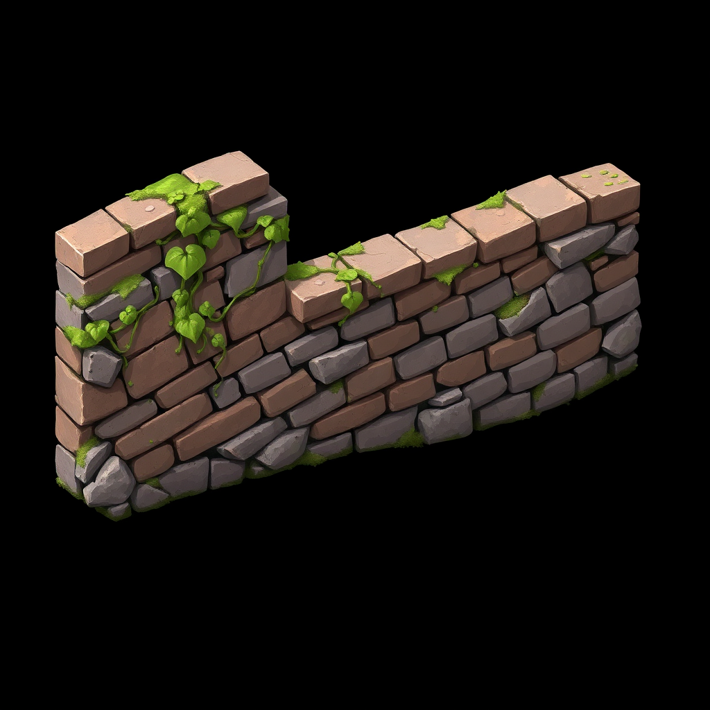 Create a section of a brick and mortar wall. The wall is shown in true isometric perspective in a style that combines fantasy game art and digital painting. Use soft lighting. The wall should look weathered and has vines and moss growing on it. The background must be plain black.