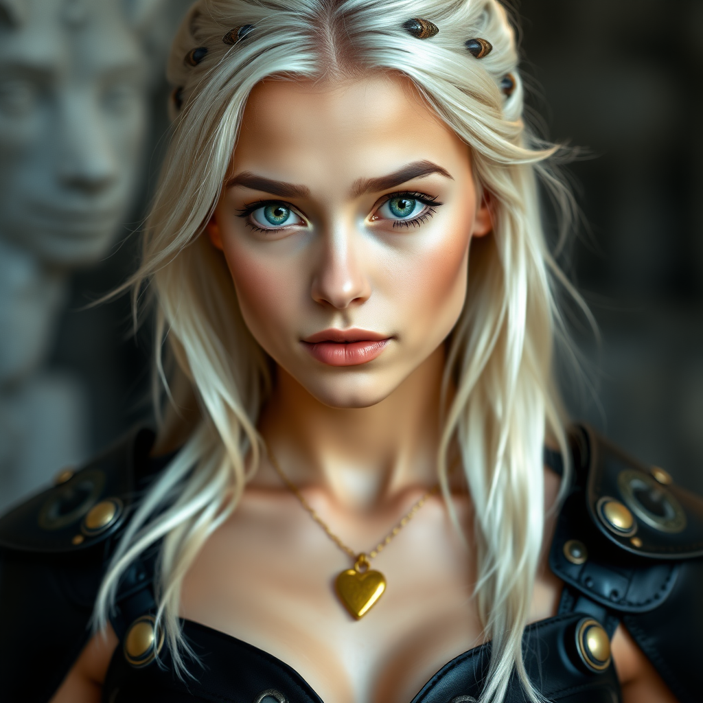 Portrait of a beautiful young platinum blonde woman with green eyes, a suntan, light brown eyebrows, and large breasts. She is wearing black leather armor and a gold necklace with a small heart pendant.