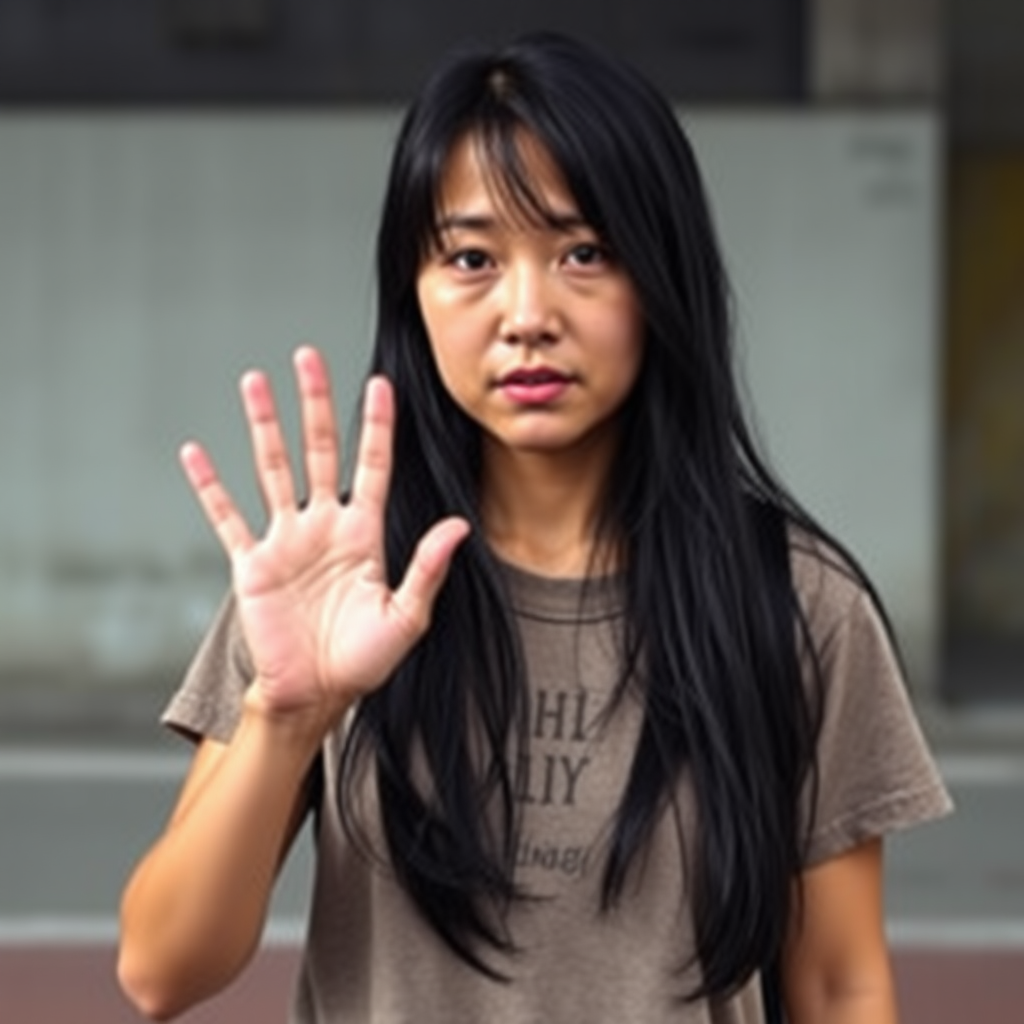 A very mysterious and very pretty sad and homeless, about 30 years old, healthy, young-at-heart Asian woman with a T-shirt and long, jet-black hair and very typical and black Asian eyes, is very ashamed to look me in the eye and waves at me very embarrassed.