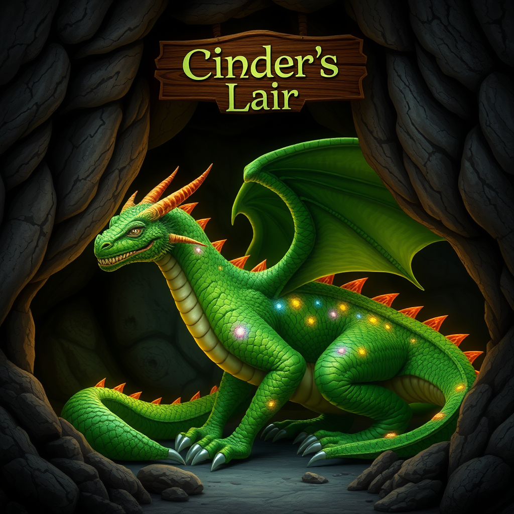 A photo realistic green dragon with rainbow sparkly spots in a dragon cave with a sign above it that says "Cinder's Lair"