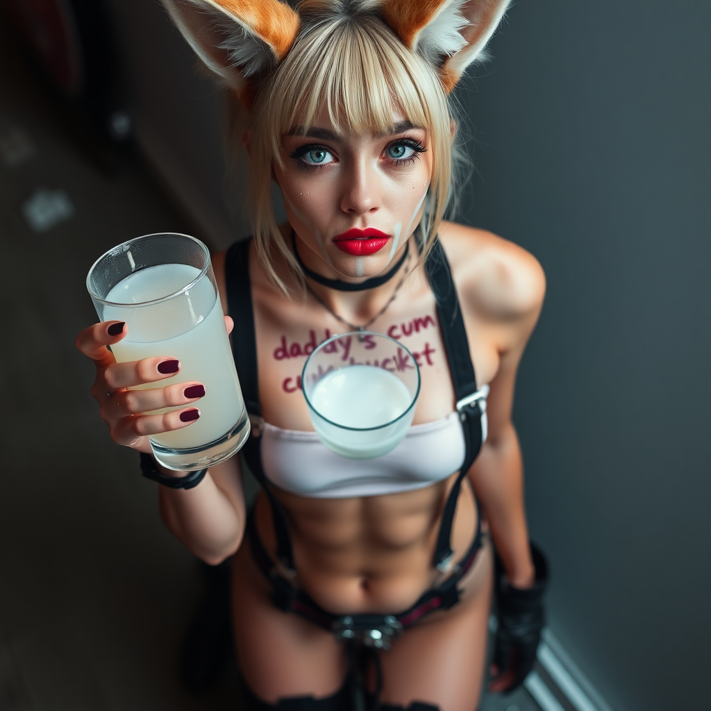 Full body in frame, high POV, Real life photo of a cyberpunk girl, she has “daddy’s cum bucket” written on her skin with lipstick. She is holding a glass of translucent white slime below her chin, she has fox ears, tiny cropped tee, wearing g-string thong, suspenders and chunky thigh boots, her face is covered in clear slime,