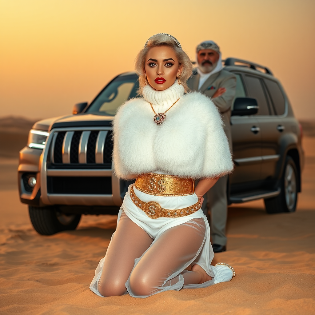 Kuwait desert dunes misty dawn, full size luxury SUV: Melissa, European 17 years old very convincing femboy “trophy-bimbo”, tamed servile docile, very beautiful feminine flawless face, rather short, by hormones very curvaceous womanly figured, platinum blond short tight curls, bold red lips, heavily made-up face, wearing Supertanya-style fluffy very fuzzy bright white angora turtleneck-poncho cropped ending under bust decorated with pearls and gemstones, striking oriental wide gold bridal protection belt, white fully transparent harem pants, full Oriental bridal jewelry including headpiece, nose-ring, coin anklets, striking diamond “$$$” letter brooch on left chest, pout frustrated, hands tied behind back, kneeling in sand in front of SUV, looking at camera. Focus on face and turtleneck-poncho. Standing behind Melissa: older overweight tall proud sheik, approvingly padding Melissa.