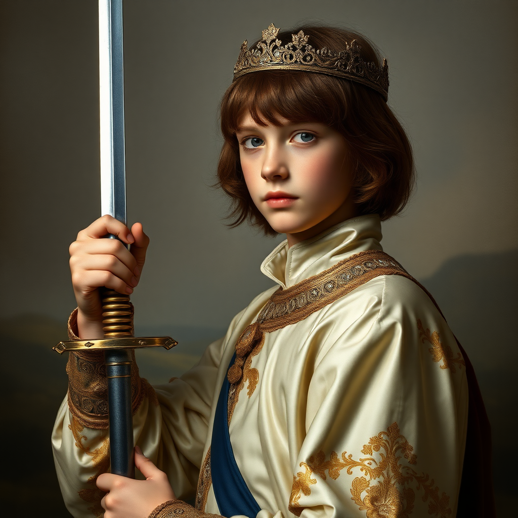 16yo teen boy prince holds his one small sword in a scabbard in his right hand by the hilt, long bob cut, embroidered with gold and diamonds medieval cloths, diamond diadem, and Beautiful War, natural Skin Texture, visualization of embossed Skin using the play of light and shadow. Free style by 50% Adolphe William Bouguereau and 15% Sandro Botticelli and 35% Otto Lomüller, The background is in the style of landscape style by Antonio del Polaiolo. Studio lighting, professional lighting. Generating the signature at the bottom: FluxBach. ultra high resolution, 16K,