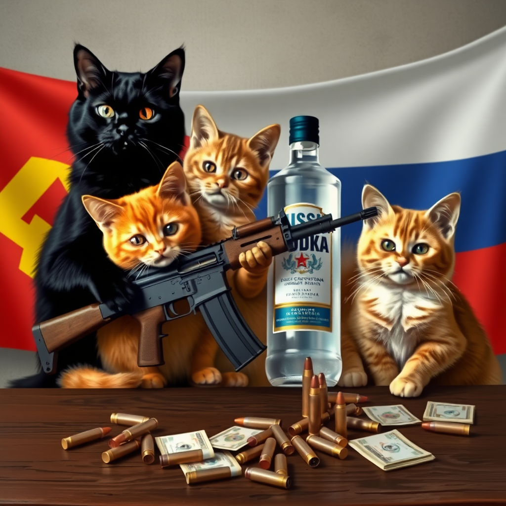 4 chatcatkat, black, orange, dark brown and light brown, USSR communist with an AK-47 and VODKA and a USSR flag behind a table with bullet casings on it and Russian money.