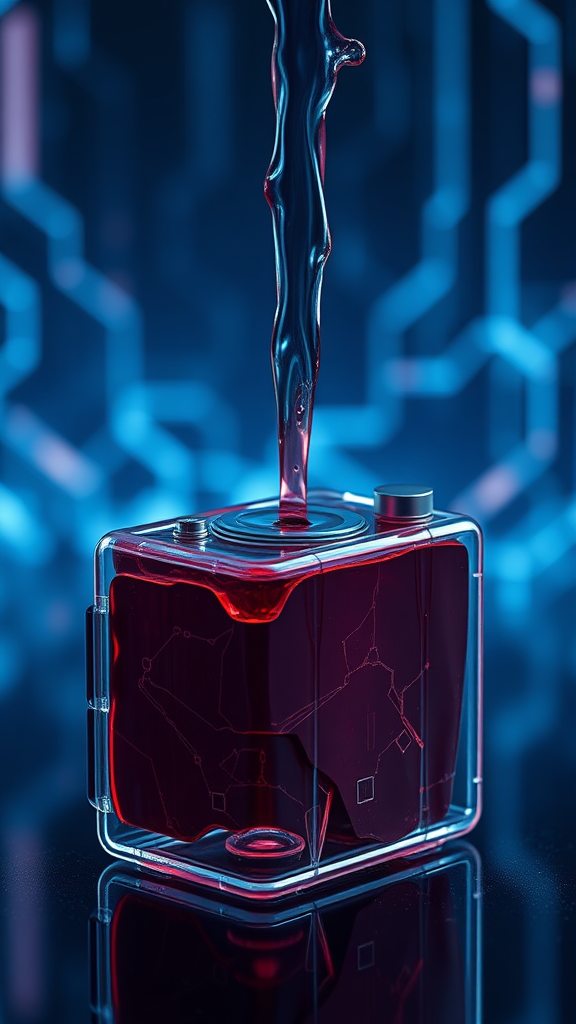 The image of extracting liquid from a secondary battery and regenerating it, express it as a realistic image with 3D rendering, express the background as a cybernetic and mysterious image, and express the overall color as dark blue.