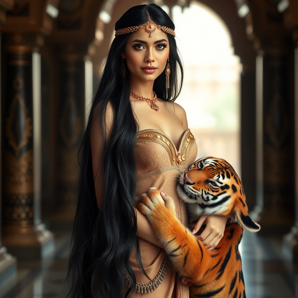 an arabic princess of 19 years standing in the palace. long black hair. a tiger on her side is rubbing his head at her waist. photo