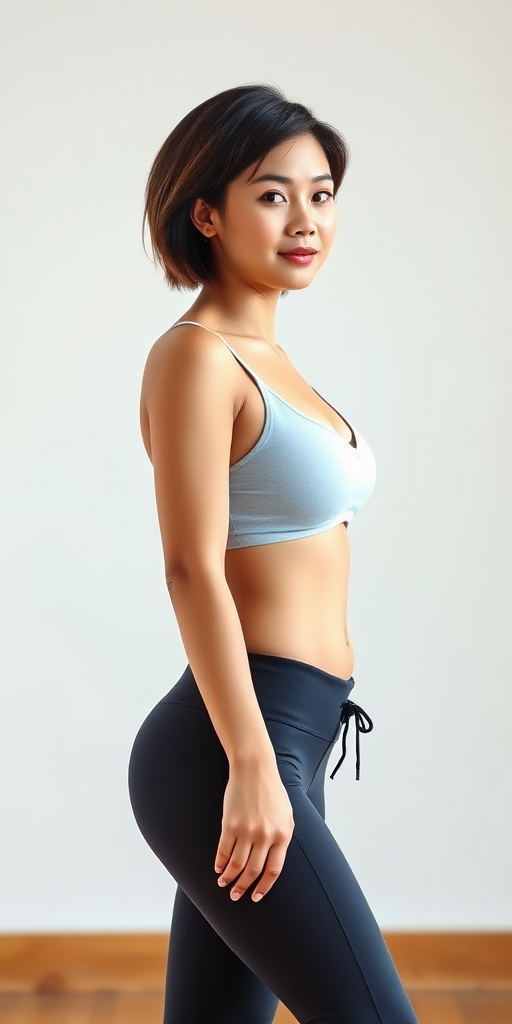 A beautiful Chinese woman, short hair, full-figured, small breasts, yoga pants.