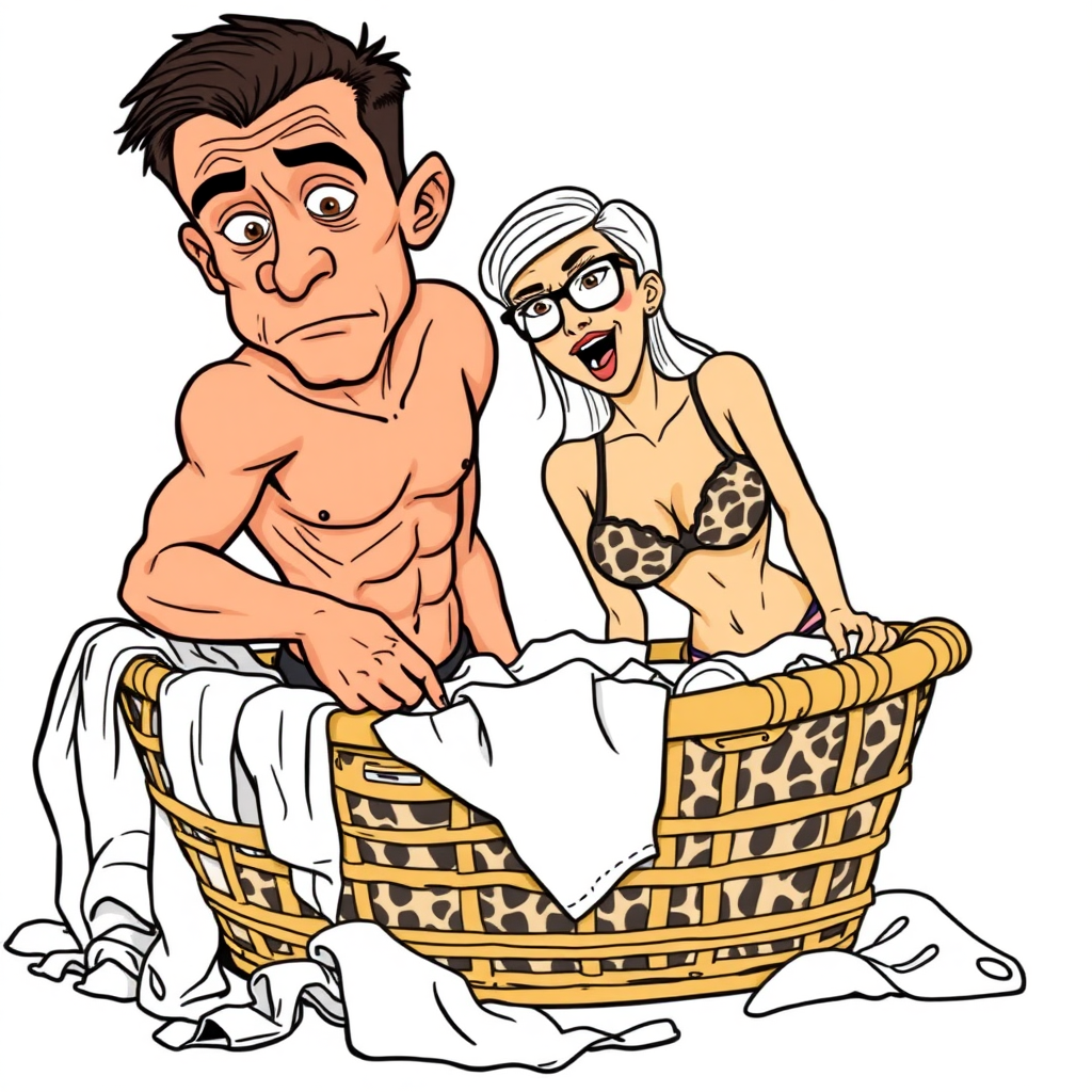 20 year old european skinny boy is frantically rummaging through a dirty laundry basket full of lingerie, detailed fabric, a 45 Years old, European, Latina, sharp aquiline nose, wrinkles, high cheekbones, Middle Eastern, Skinny, Tanned skin, Dark light skin, Rounded Medium breasts, Skinny thighs, Big Rounded ass, full Makeup, jewelry, Serious face, Sharp nose, shocked, blushing, open mouth, horny, Ash hair, short bowl haircut, Brown eye color, Glasses, with detailed features. She is watching the boy, she is wearing a leopard bikini, detailed fabric. full body, long establishing shot, 2D, caricature, cartoon, Sketch lines, coloring book, nlack and white, coloring book style on white background, well composed, clean coloring book page, No dither, no gradient, strong outline, No fill, No solids, vector illustration