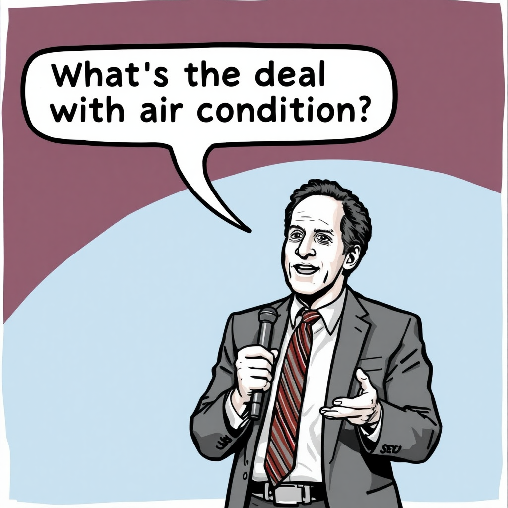 Jerry Seinfeld doing standup. Text bubble that says

“What’s the deal with air conditioning”