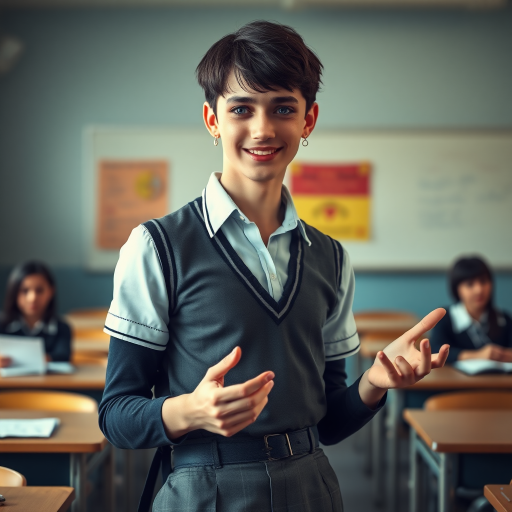 photorealistic, ultra high resolution, 16K, surreal fantasy, soft studio lighting, a pretty 17 year old goth male, slim male physique, short dark hair, blue eyes, goth makeup, earrings, sheer pantyhose, UK girls-school uniform, Mary-Jane shoes, standing in the classroom delivering a talk, excited smile, facing the camera.